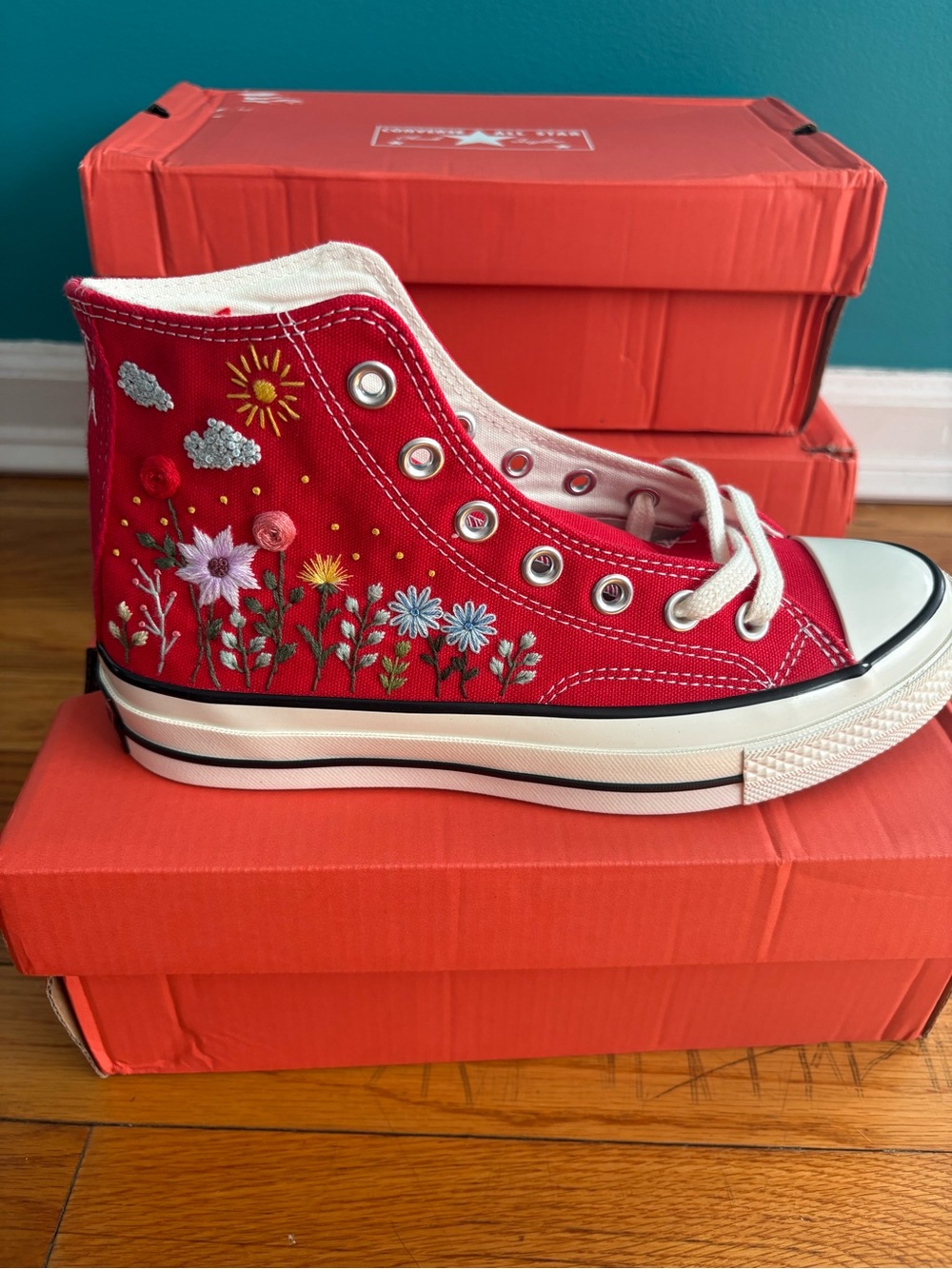 Converse Women’s Red Embroidered Floral High-Top Sneakers - Picture 1 of 3
